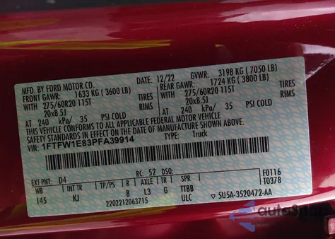 2023 Ford F150 Supercrew z USA, uszkodzony, nr VIN 1FTFW1E83PFA39914